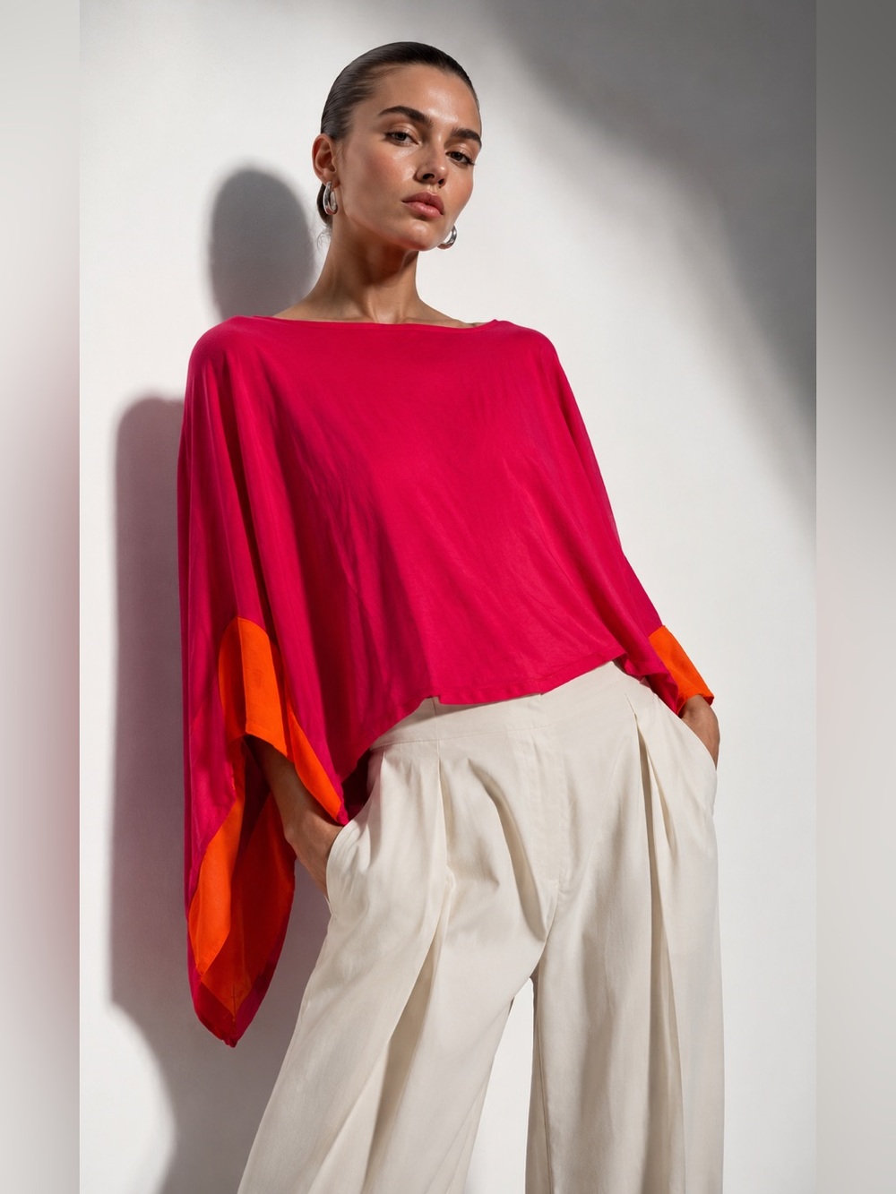 Y2K Vibrant Pink and Orange Colorblock Batwing lightweight Dolman Sleeve Top S